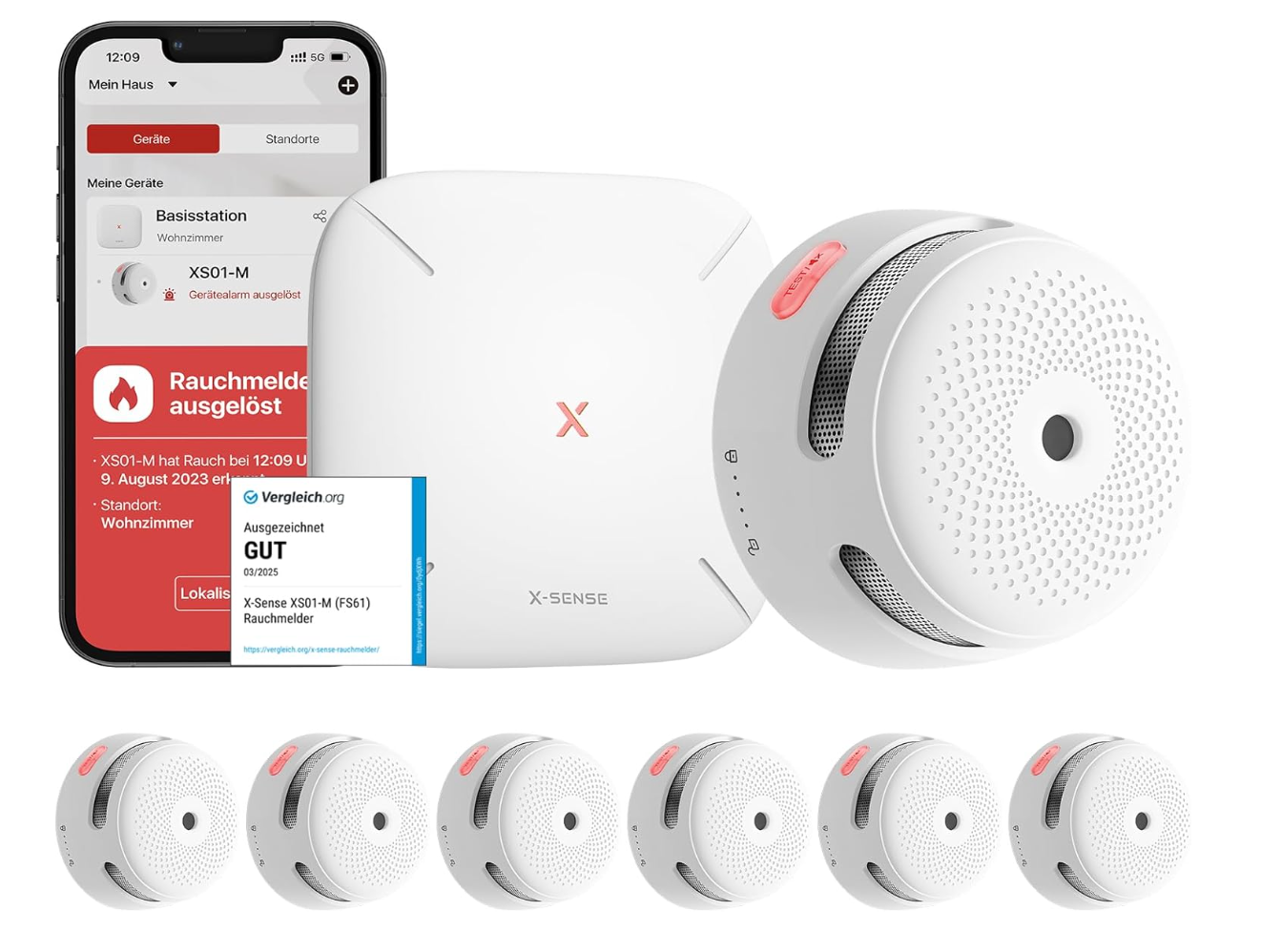X-Sense Smart Rauchmelder Set 6 Stück XS01-M mit SBS50 Basisstation, TÜV-Zertifiziert