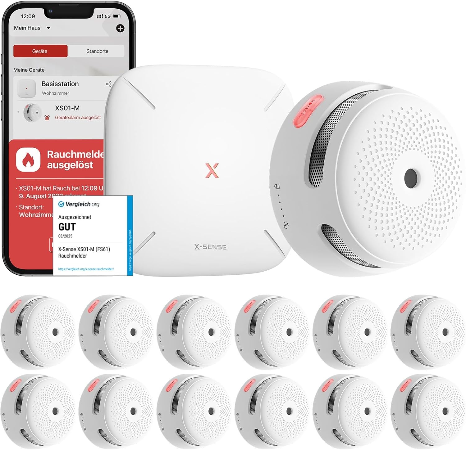 X-Sense Smart Rauchmelder Set 12 Stück XS01-M mit SBS50 Basisstation, TÜV-Zertifiziert - GS Brandschutz